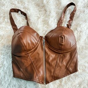 Windsor Brown Faux Leather Zip-Front Crop Top